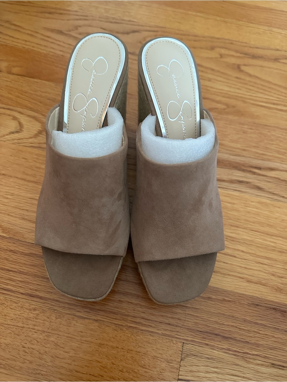 Jessica Simpson Taupe Suede Open-Toe Wedge Mules